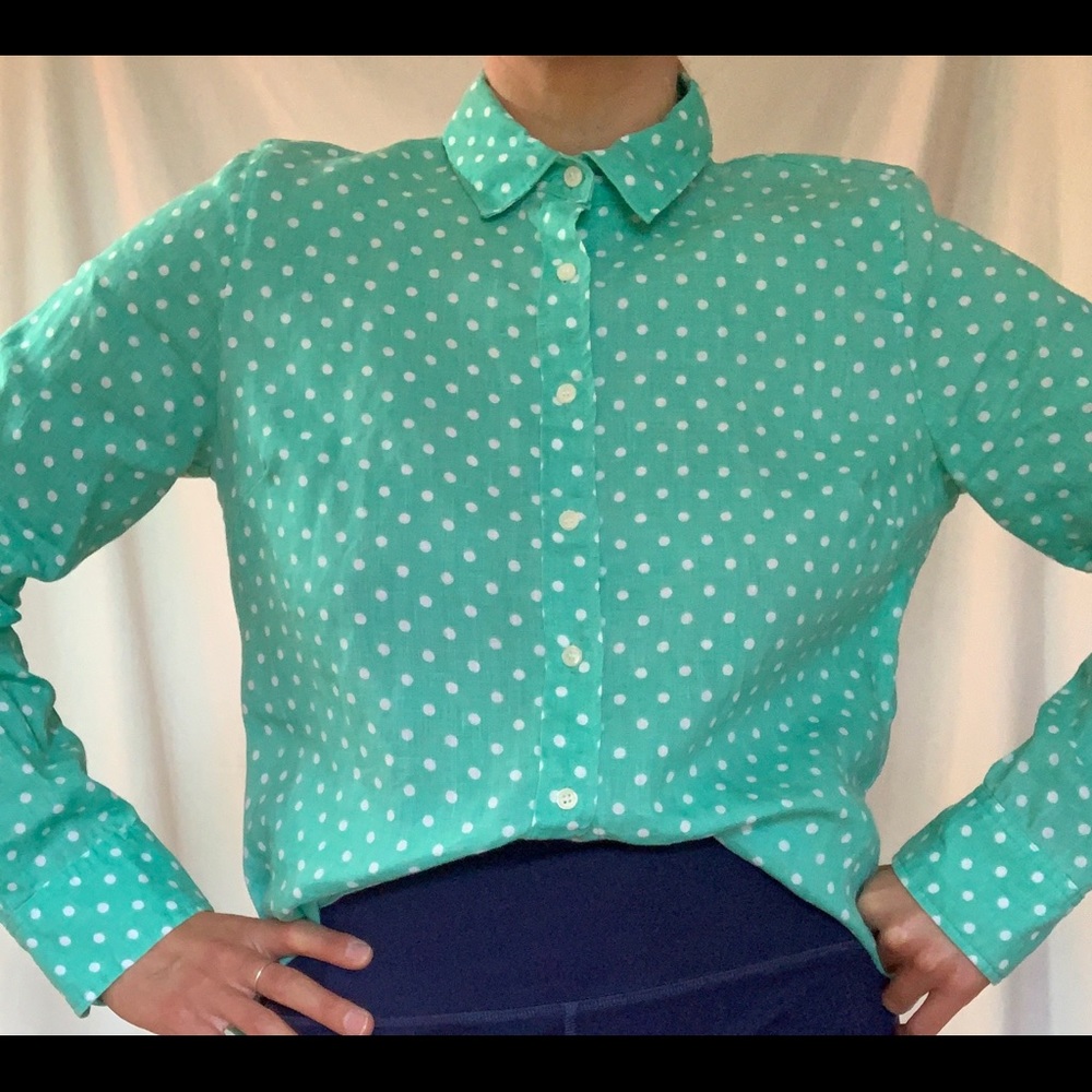 J.CREW TURQUOISE POLKA DOT LINEN LONG-SLEEVE SHIRT